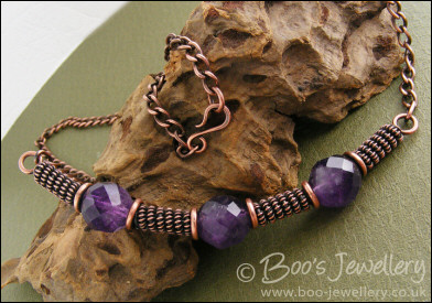 Antiqued copper spiralled rope and amethyst necklace