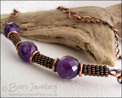 Antiqued copper spiralled rope and amethyst necklace