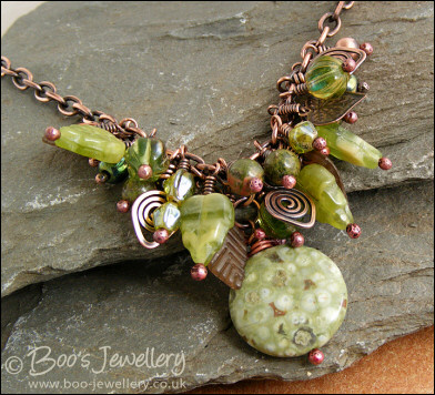 Antiqued copper and earth tones cluster necklace