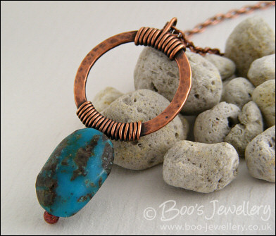 Antiqued copper pendant with turquoise nugget - oops price!