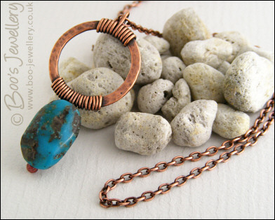 Antiqued copper pendant with turquoise nugget - oops price!
