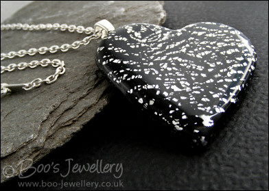 Black and silver crackle polymer clay heart pendant
