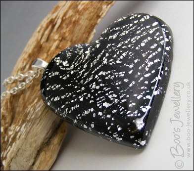 Black and silver crackle polymer clay heart pendant