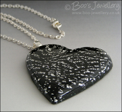 Black and silver crackle polymer clay heart pendant
