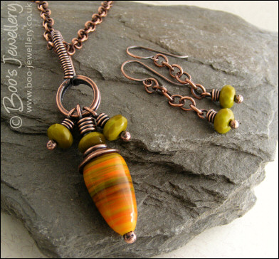 Necklace and earring set with yellow, orange and olive green glass beads