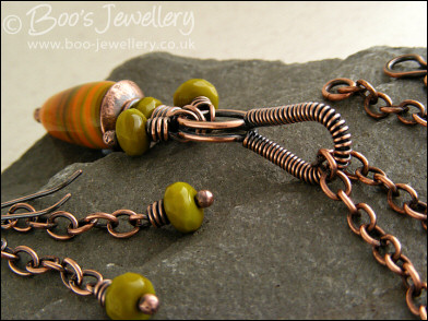 Necklace and earring set with yellow, orange and olive green glass beads