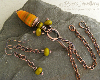 Necklace and earring set with yellow, orange and olive green glass beads