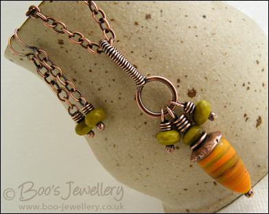 Necklace and earring set with yellow, orange and olive green glass beads