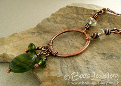 Green glass and copper necklace and earring set
