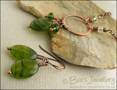 Green glass and copper necklace and earring set
