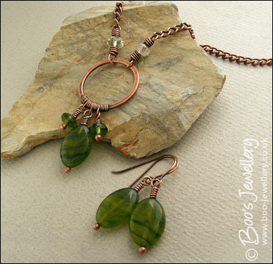 Green glass and copper necklace and earring set