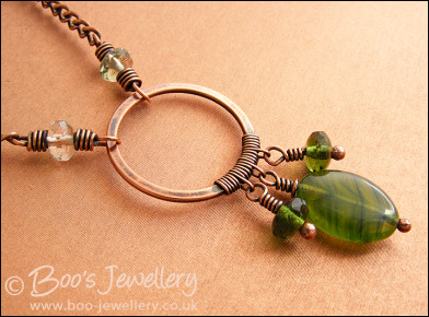 Green glass and copper necklace and earring set