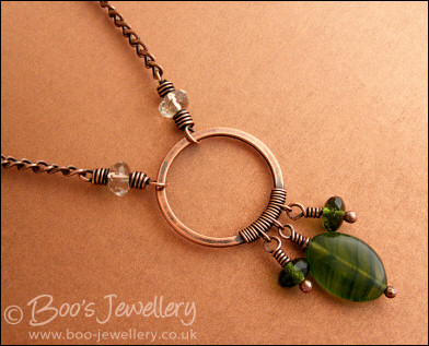 Green glass and copper necklace and earring set