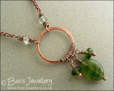 Green glass and copper necklace and earring set