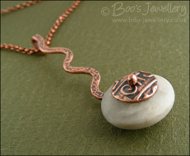 Copper and moonstone long drop squiggle pendant