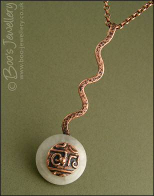 Copper and moonstone long drop squiggle pendant