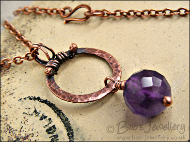 Hammered copper and Amethyst drop necklace