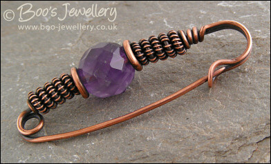 Antiqued copper and amethyst kilt pin brooch